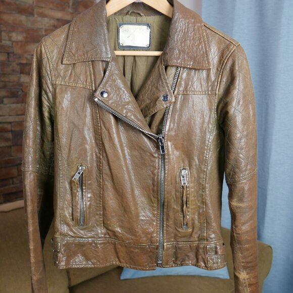 100% Leather Brown Moto Jacket Lined Two Zippered Pockets Adjustable Side Stra - Picture 7 of 7